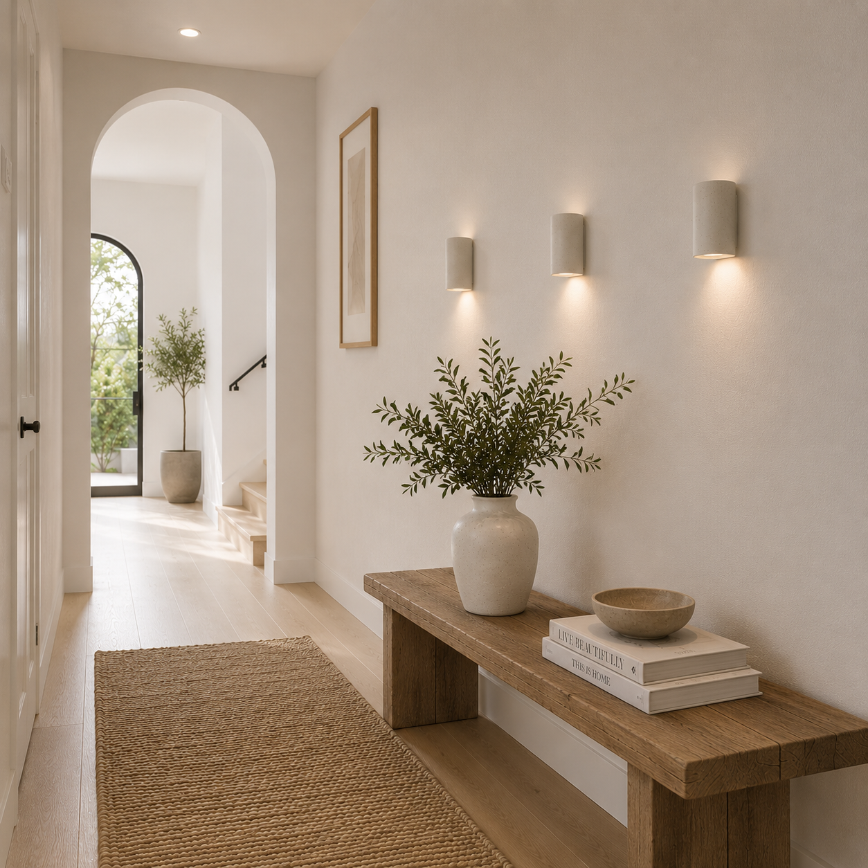 Three Stone handcrafted ceramic wall sconces in a soft limestone-toned finish casting warm downward light in a bright contemporary hallway with natural timber, textured plaster walls and Mediterranean-inspired architecture.