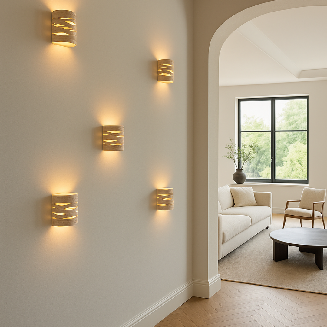 Five handcrafted ceramic wall sconces with layered textured limestone finish casting a warm ambient glow in a bright contemporary interior with arched architecture and natural timber flooring.